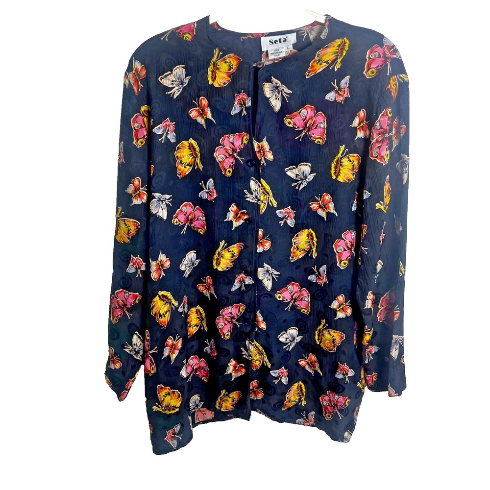 Seta Washable Silk Butterfly Swirls Multicolor‎ Size L Vintage Y2K Quiet Luxury